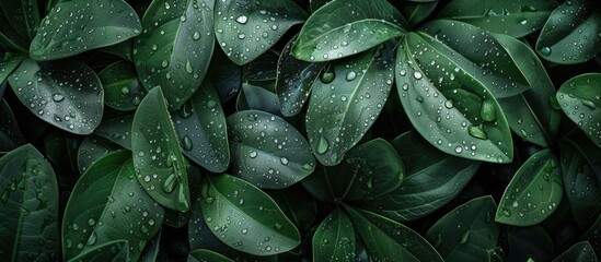 Wall Mural - Lush green leaves covered in raindrops create an exquisite background for a copy space image