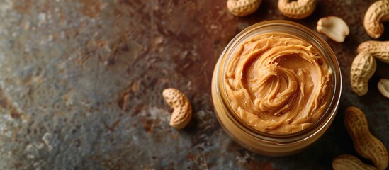 Poster - Copy space image of a glass jar filled with peanut butter on a table viewed from the top with the possibility for text and a close up shot