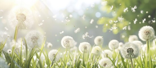 Wall Mural - A lovely spring scene featuring white dandelions with selective focus on a bright airy background Copy space image