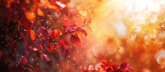 Sticker - The radiant autumn hues create a beautiful background with leaves displaying red orange and yellow tones shining in sunlight encapsulating nature s charm in a single frame with copy space image