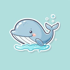 Wall Mural - Cute hand-drawn blue whale sticker with white contour and smiling face