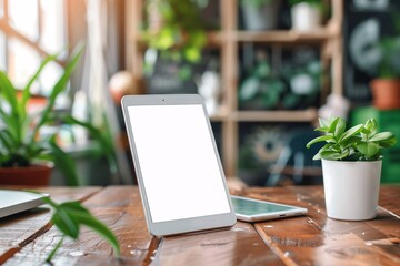 Mockup of a tablet in the interior. Tablet with white blank screen.