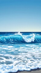 A blue ocean wave crashing against the shore, with white foam and a clear sky overhead.