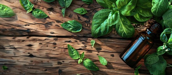 Poster - Aromatherapy using basil essential oil and fresh leaves on a textured wooden background complemented by medical herbs as part of alternative medicine with a designated place for text on the copy space