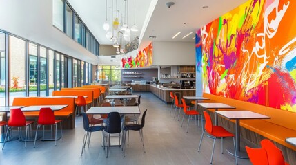 Poster - A spacious cafe features colorful art on the walls, bright orange seating, and a welcoming atmosphere designed for relaxation and socializing.
