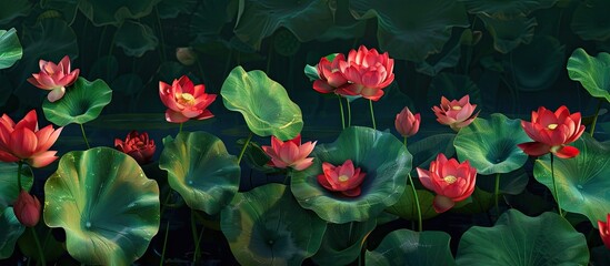 Wall Mural - During summer the vibrant red lotus flowers stand out beautifully in contrast to the lush green lotus leaves in the copy space image