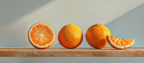 Canvas Print - Oranges without peel on a wooden surface set against a white backdrop with copy space image