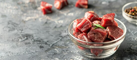 Sticker - Glass bowl with beef ribs fresh red meat pieces on grey backdrop creating a captivating copy space image