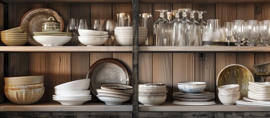 Canvas Print - Various ceramic dishware and glassware displayed in indoor cabinet with copy space image