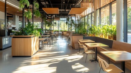 Aufkleber - Bright, spacious cafe features wooden furniture, large windows, and lush plants creating a welcoming atmosphere for visitors.