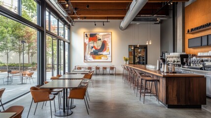 Poster - A spacious cafe features modern furniture and a striking artwork on the wall, illuminated by natural light.