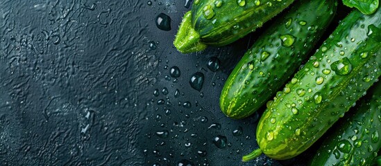 Ripe cucumber with water droplets, set on a fresh vegetable backdrop with copy space image for text. Promoting vegan and vegetarian ideas.