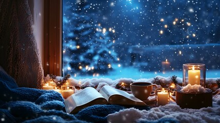 A cozy scene with an open book, a cup of coffee, and candles on the windowsill overlooking snow falling outside