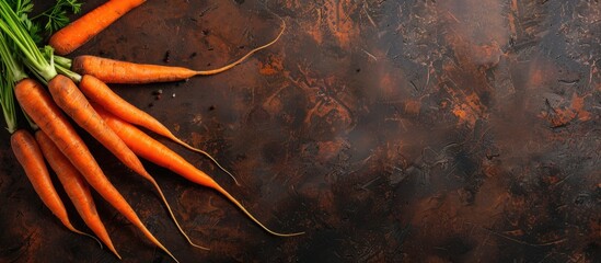 Wall Mural - Vibrant fresh carrots displayed against a rich, dark brown backdrop, creating a perfect copy space image for vegetarian food.