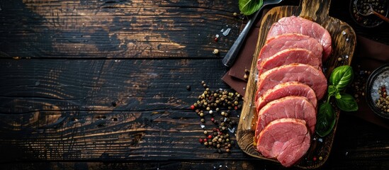 Top view of raw pork tenderloin sliced for medallions on a wooden cutting board with a wooden background, featuring copy space image.