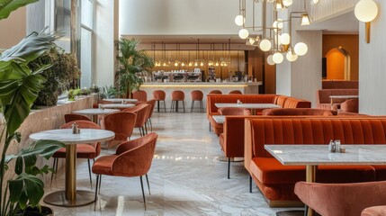 Poster - A stylish restaurant interior features plush orange velvet chairs, marble tables, and warm lighting, creating a welcoming dining atmosphere.