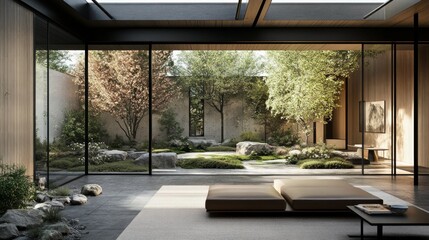 Wall Mural - Modern indoor-outdoor living space featuring natural greenery and stone elements