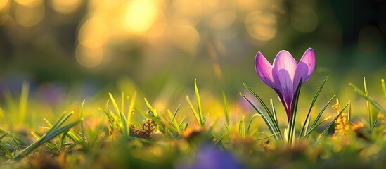 Wall Mural - Natural environment with a purple crocus flower in focus during spring, with selective focus on petals and grass elements, providing copy space image.