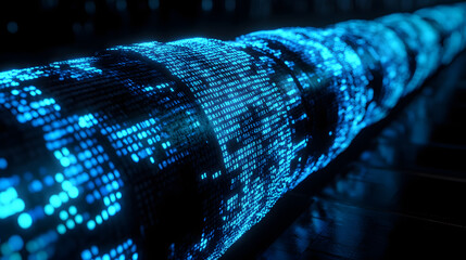 A digital pipeline formed by vibrant glowing blue binary code, symbolizing data transfer, information flow, and advanced technology