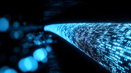 A digital pipeline formed by vibrant glowing blue binary code, symbolizing data transfer, information flow, and advanced technology