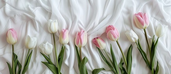 Wall Mural - Pink and white tulips on white fabric surface with room for text or other design elements in the picture. Flat lay view displays a minimalist idea. image with copy space