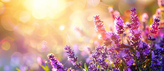 Wall Mural - Lavender flowers creating a picturesque scene in garden under the summer sun with copy space image