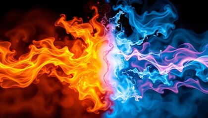 Wall Mural - Abstract fiery and icy swirls collide on a dark background.