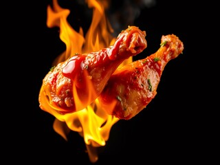 Two crispy chicken drumsticks coated in hot sauce with flames on a black background.