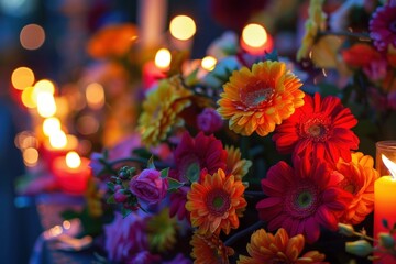 Wall Mural - Colorful gerbera daisies forming a centerpiece and illuminated by tealight candles