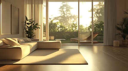 Poster - 3D-Rendered Modern Living Room with Minimalist Design and Soft Ambient Lighting
