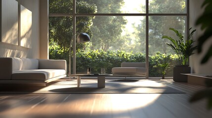 Poster - 3D-Rendered Modern Living Room with Minimalist Design and Soft Ambient Lighting