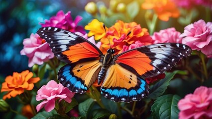 Beautiful butterfly resting on a colorful flower, delicate wings open, vibrant garden background.-