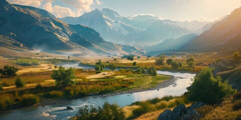 Canvas Print - Scenic mountain valley on a sunny summer day with a meandering river panoramic vista