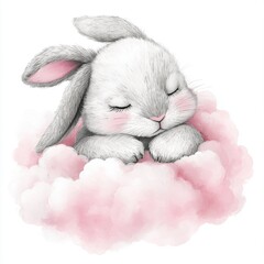 Sticker - The light pink bunny is sleeping in a cloud watercolor cartoon illustration isolated on a white background