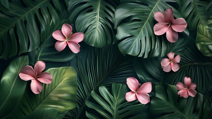 Wall Mural - Vibrant Tropical Foliage with Pink Flowers Arrangement