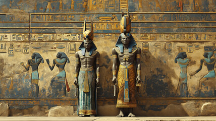 Ancient Egyptian Statues Against Hieroglyph Wall