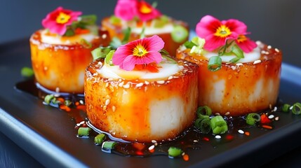 Close-up of a plate of savory egg bites topped with edible flowers, a delicious and visually appealing appetizer.