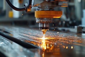 Fototapete - Cnc machine cutting metal plate with water cooling system being used for heavy industry modern factory