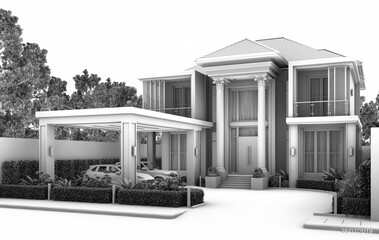 3D rendering modern contemporary two - storey  house design white tone rendering on a white background.