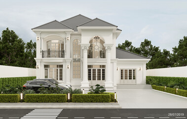 3D rendering modern contemporary two - storey  house design with garage and natural scenery background.