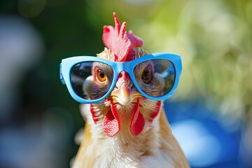 Wall Mural - Portrait of a funny chicken wearing sunglasses enjoying a sunny day