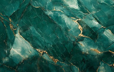 Fototapete - Vibrant Green Marble Texture with Intricate White and Gold Veins, Polished Surface
