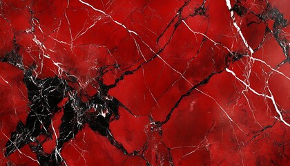 Fototapete - Bold Red Marble Texture Background with Deep Black and White Veins, Glossy Surface
