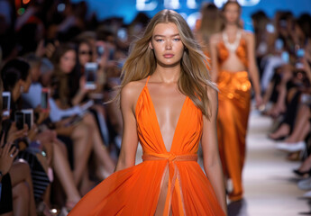 Poster - a supermodel in the middle of a runway, wearing an orange summer dress with a deep neckline, against a fashion show backdrop