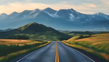 Wall Mural - Beautiful mountains and peaceful roads, the sun shines on the green trees and grasslands, making the scenery picturesque.