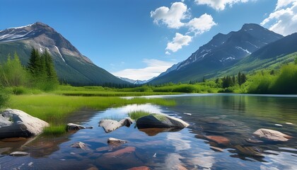 Wall Mural - Tranquil lakes and towering mountains, and clear water surfaces reflect the surrounding natural beauty.