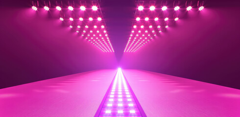 Wall Mural - A purple and white gradient background with a long LED light strip on the ground, a symmetrical composition of lights shining in all directions