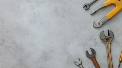 Flat lay of professional construction tools including pliers and wrenches on a neutral gray concrete background, with ample space for text or graphics. Ideal for use in web development visuals and con