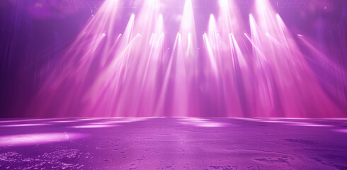 Wall Mural - A purple and white gradient background with a long LED light strip on the ground, a symmetrical composition of lights shining in all directions