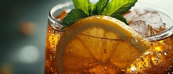 Capture a close-up shot of a refreshing iced tea with condensation droplets on a clear glass